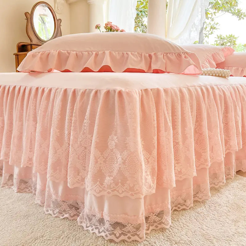 French Princess Lace Bed Skirt and Elegant All-Season Washable Mattress Protector for Bedroom, Guest Room, Hotel, or Dorm Decor