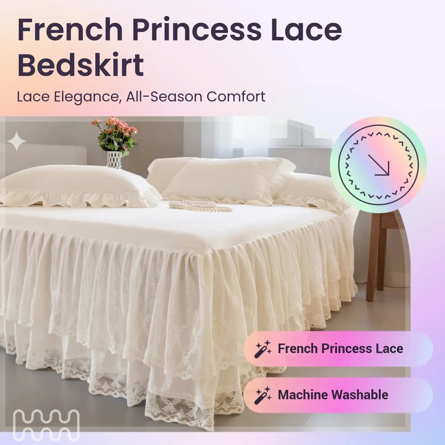 French Princess Lace Bed Skirt and Elegant All-Season Washable Mattress Protector for Bedroom, Guest Room, Hotel, or Dorm Decor