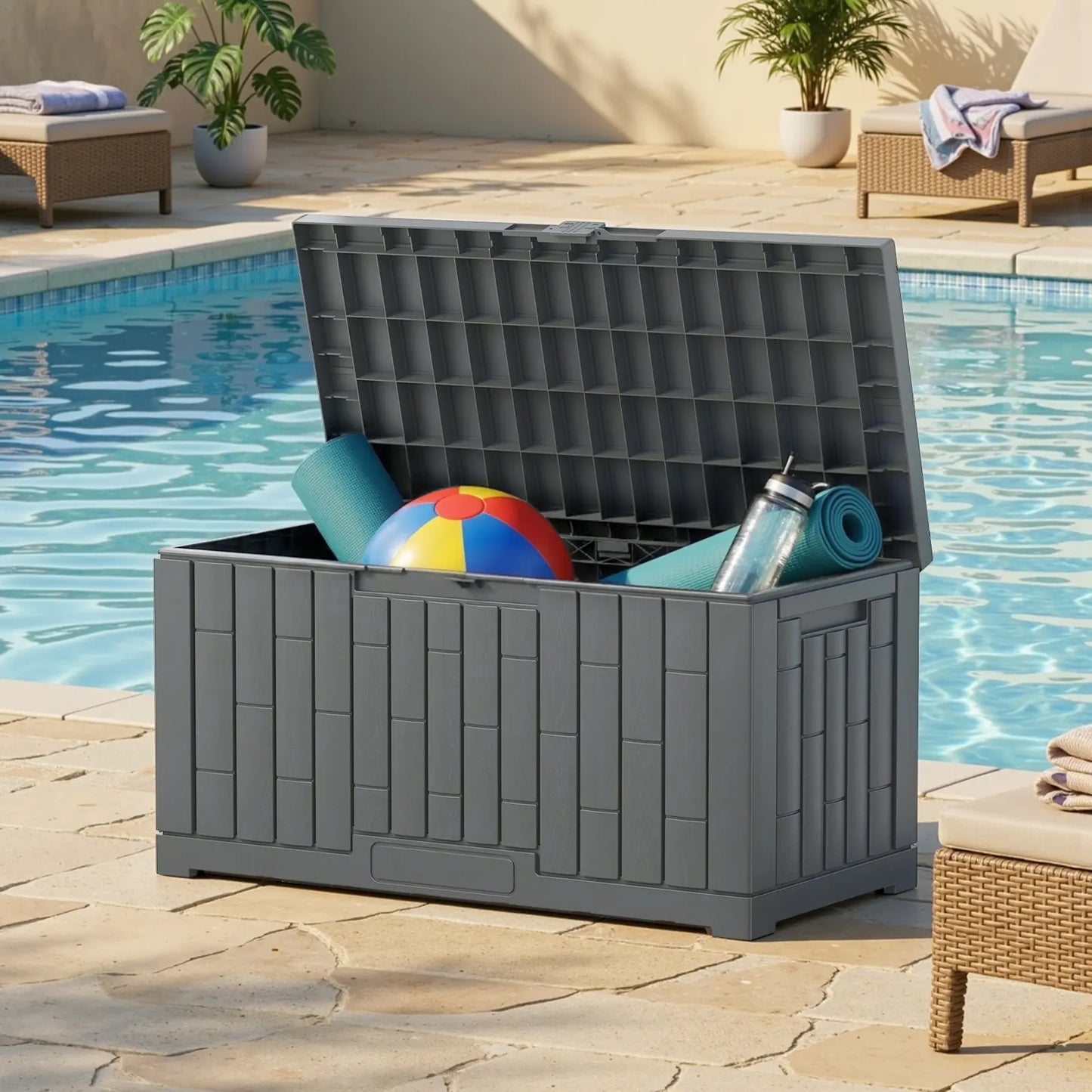 60 Gallon Outdoor Storage Box, Waterproof Resin Deck Box for Patio Cushions & Gardening Tools, Lockable & UV Resistant
