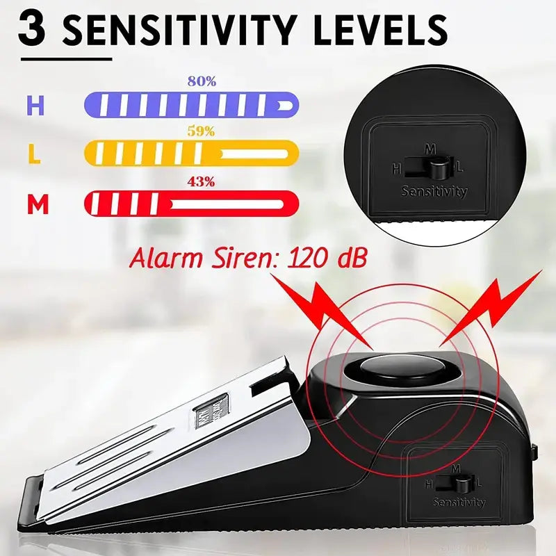 Home Security Door Stopper Alarm - Easy to Install No Tools Needed, 3 Sensitivity Modes, 120DB Loud Anti-Theft Alarm, Stainless Steel Pressure-Resistant, Instant Alarm When Pushed