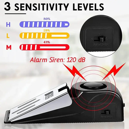 Home Security Door Stopper Alarm - Easy to Install No Tools Needed, 3 Sensitivity Modes, 120DB Loud Anti-Theft Alarm, Stainless Steel Pressure-Resistant, Instant Alarm When Pushed