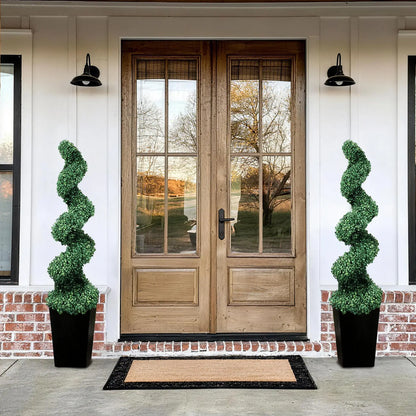 2 Pack 2/3/4 Ft Artificial Boxwood Spiral Plants, with Blackpots, Green Pe Wrought Iron Plants, Suitable for Porch, Garage, and Fireplace.Mother'S Day Gift