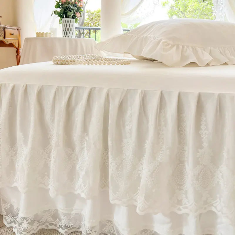 French Princess Lace Bed Skirt and Elegant All-Season Washable Mattress Protector for Bedroom, Guest Room, Hotel, or Dorm Decor