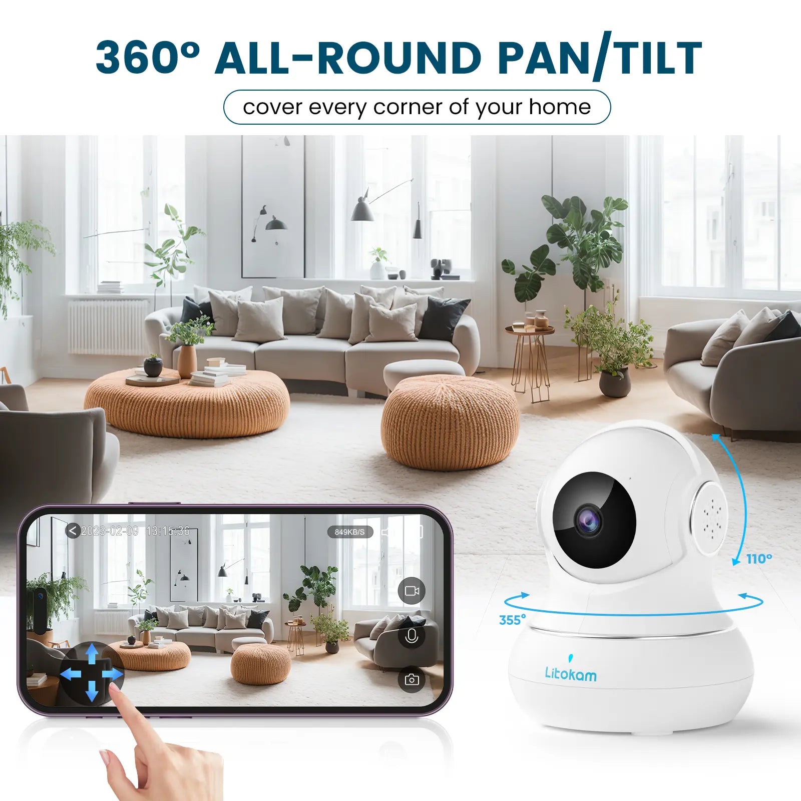 2K Indoor Camera: 360° Pan/Tilt Home Security for Pets, Motion Detection, Night Vision, 2-Way Audio, Alexa Compatible, App Control