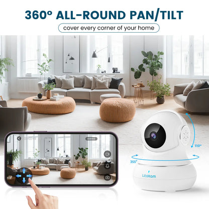 2K Indoor Camera: 360° Pan/Tilt Home Security for Pets, Motion Detection, Night Vision, 2-Way Audio, Alexa Compatible, App Control