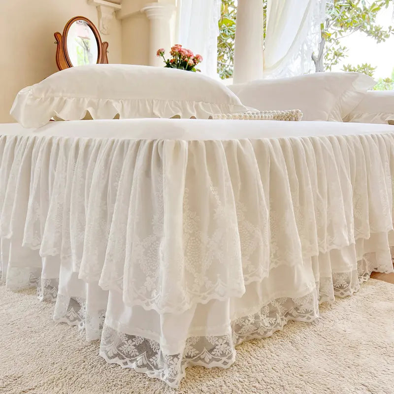 French Princess Lace Bed Skirt and Elegant All-Season Washable Mattress Protector for Bedroom, Guest Room, Hotel, or Dorm Decor