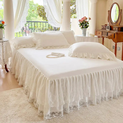 French Princess Lace Bed Skirt and Elegant All-Season Washable Mattress Protector for Bedroom, Guest Room, Hotel, or Dorm Decor