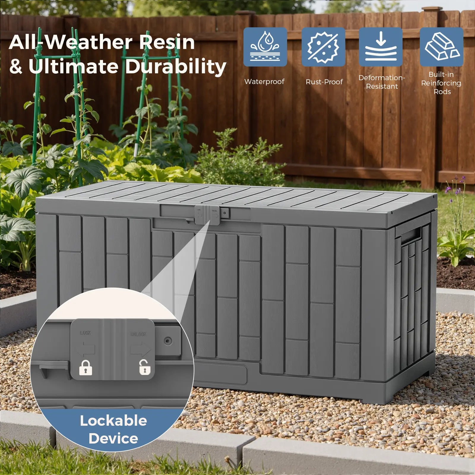 60 Gallon Outdoor Storage Box, Waterproof Resin Deck Box for Patio Cushions & Gardening Tools, Lockable & UV Resistant