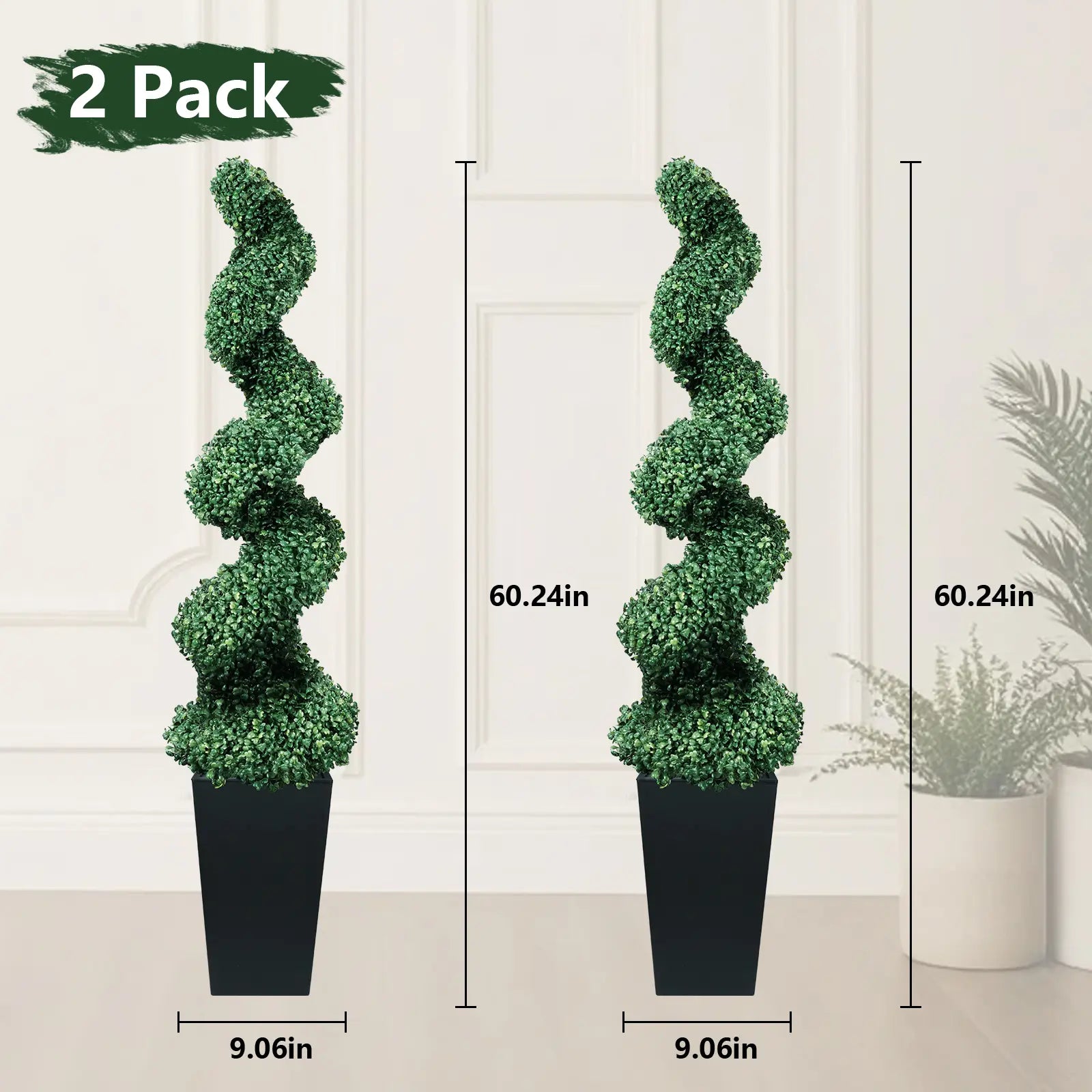 2 Pack 2/3/4 Ft Artificial Boxwood Spiral Plants, with Blackpots, Green Pe Wrought Iron Plants, Suitable for Porch, Garage, and Fireplace.Mother'S Day Gift