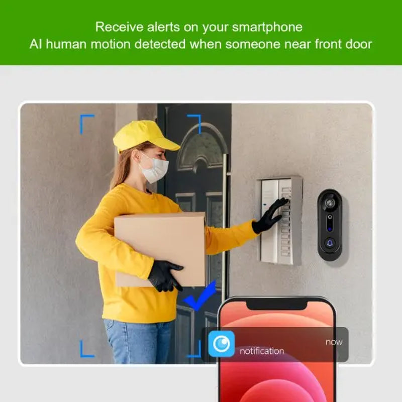 Video Doorbell Wireless 1080P,Alert, Night Vision,Indoor Chime,Two Way Audio,Battery Power,Only 2.4Ghz,Cloud Storage