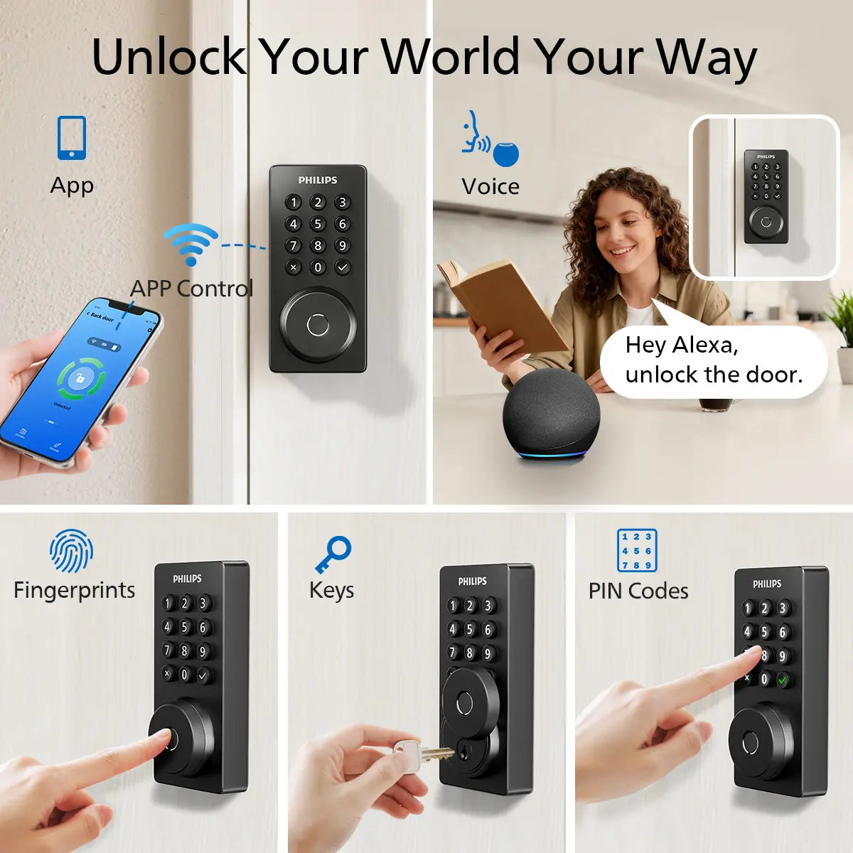 Philips Smart Fingerprint Door Lock, 5-In-1 Keyless Entry Deadbolt, App-Assisted Control, Built-In Wifi, 6-Month Battery Life L3