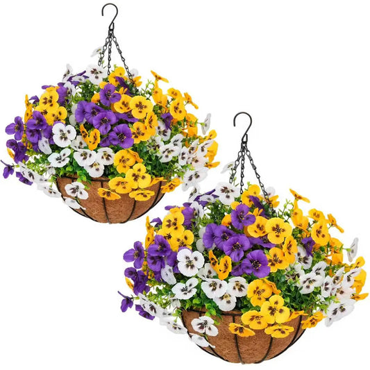 2Pcs Artificial Hanging Pansy Baskets with 24 Realistic Pansies & Eucalyptus - Uv-Resistant Outdoor/Indoor Decor for Porch, Patio, Balcony, Yard - Includes Hanging Baskets & Greenery