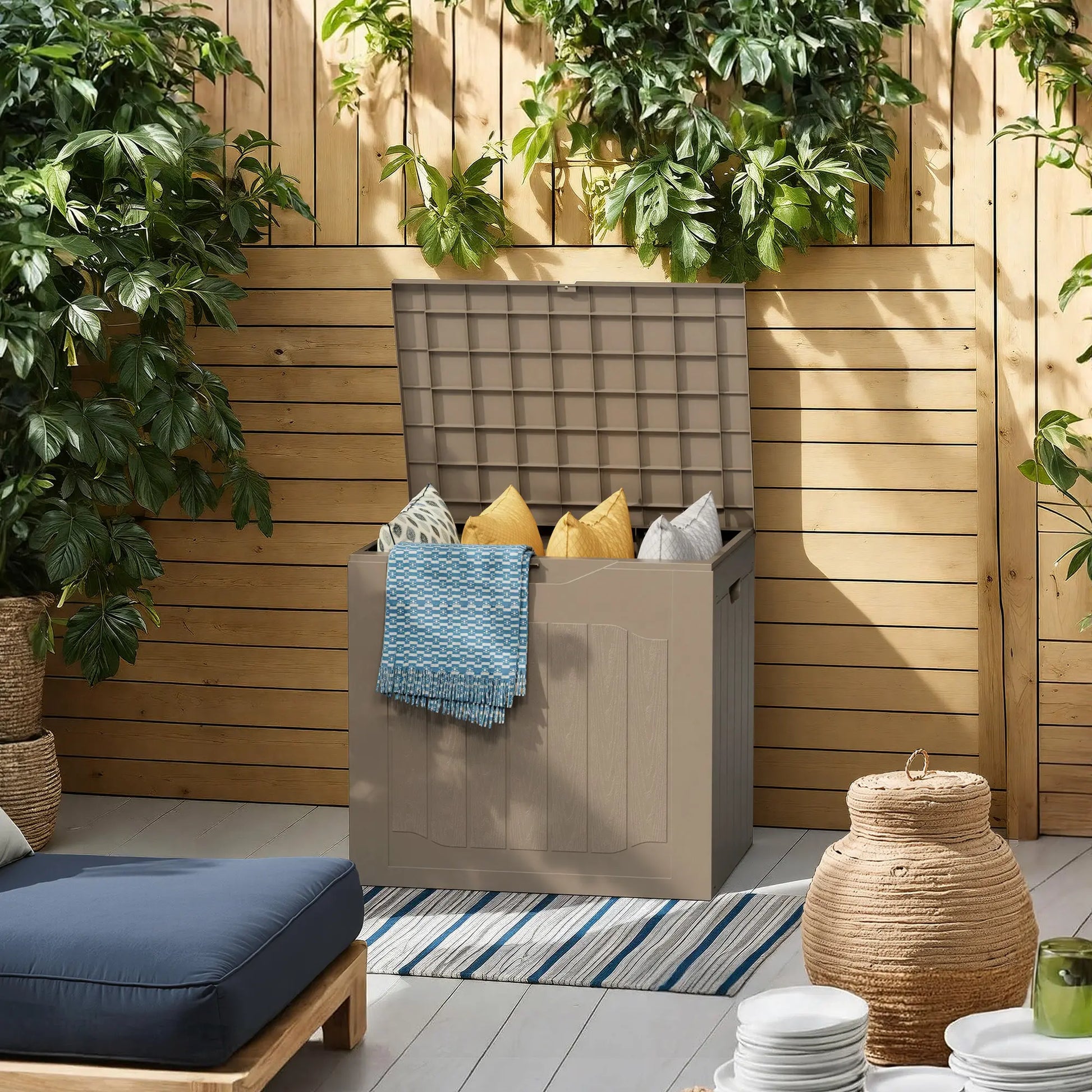 INTERGREAT Outdoor Storage Box 35 Gallon Patio Deck Box with Handles, Patio Storage Deck Boxes Garden Resin Deck Storage Container Lockable Storage Box (Black&Brown)
