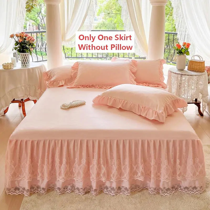 French Princess Lace Bed Skirt and Elegant All-Season Washable Mattress Protector for Bedroom, Guest Room, Hotel, or Dorm Decor