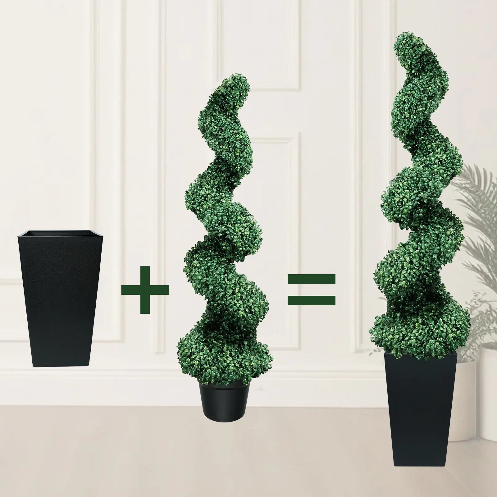 2 Pack 2/3/4 Ft Artificial Boxwood Spiral Plants, with Blackpots, Green Pe Wrought Iron Plants, Suitable for Porch, Garage, and Fireplace.Mother'S Day Gift