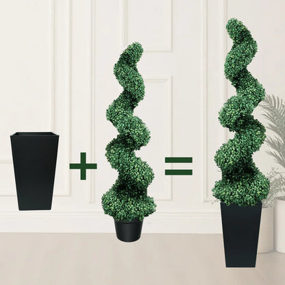 2 Pack 2/3/4 Ft Artificial Boxwood Spiral Plants, with Blackpots, Green Pe Wrought Iron Plants, Suitable for Porch, Garage, and Fireplace.Mother'S Day Gift