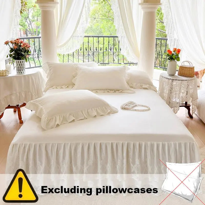 French Princess Lace Bed Skirt and Elegant All-Season Washable Mattress Protector for Bedroom, Guest Room, Hotel, or Dorm Decor