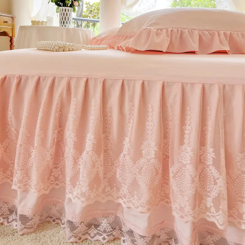 French Princess Lace Bed Skirt and Elegant All-Season Washable Mattress Protector for Bedroom, Guest Room, Hotel, or Dorm Decor